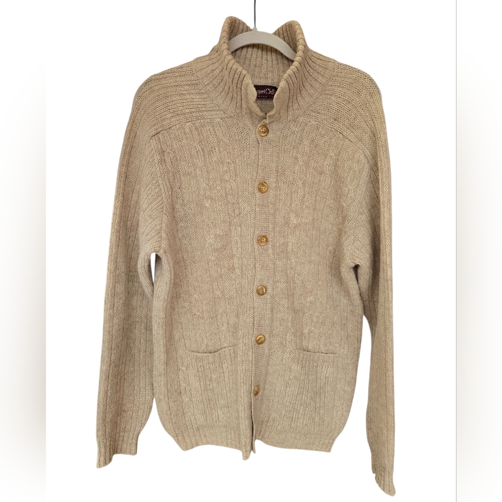 Racquet Club Cable Knit Shetland Wool Grandfather Collared Cardigan Large